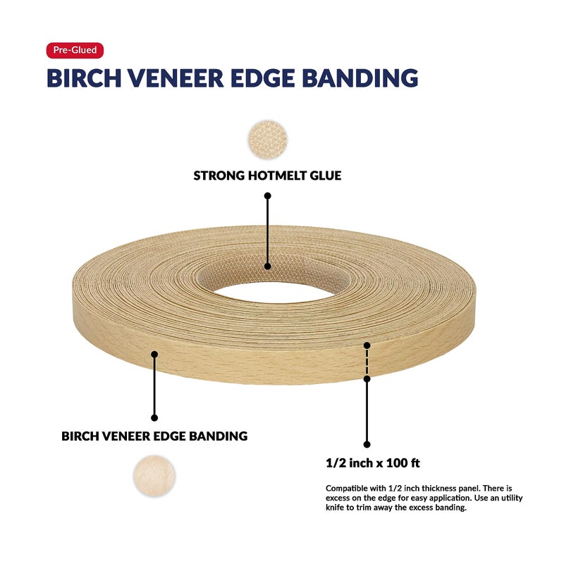 UNMAR Birch Wood Veneer Edge Banding 1/2 inch x 100 ft Pre Glued Adhesive Edging Trim Tape Iron On Flexible Strip Roll Laminate Cabinate Countertop Furniture Shelf MDF Board Paintable Molding Easy Trimmer - Image 2